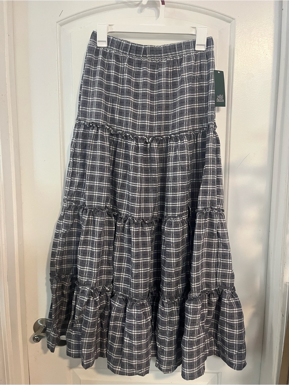 wild fable Gray Plaid Tiered Maxi Skirt with front split
